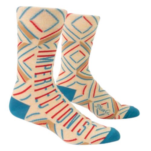 IMPERFECTIONIST M-CREW SOCKS. You can be a partial perfectionist all of the time or you can be a total perfectionist some of the time but you can't ever really make things perfect so release yourself of that notion and proudly pull up these socks, ok? Men's shoe size 7-12. 53% combed cotton; 45% nylon; 2% spandex.