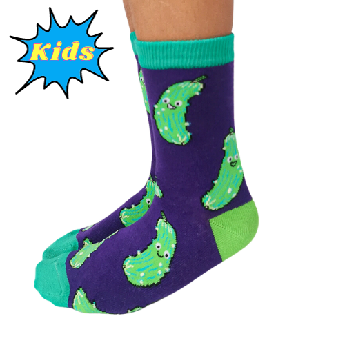 Pickles with smiley faces with purple back ground and green toes.