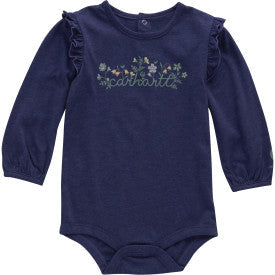 Carhartt infant girls long-sleeve floral script bodysuit in navy blue heather