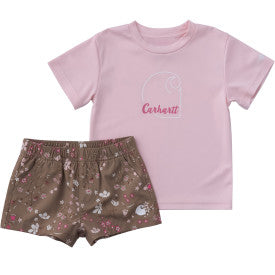 Carhartt infant and toddler girls Force Sun Defender short-sleeve shirt and printed short set in dark khaki