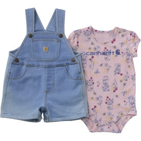 Carhartt infant and toddler girls bee print bodysuit and denim shortall set in light wash