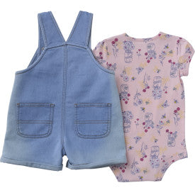 Carhartt infant and toddler girls bee print bodysuit and denim shortall set in light wash, alternate product view