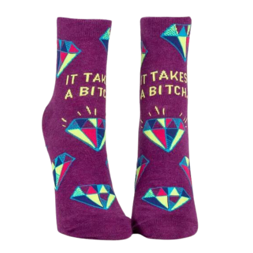 IT TAKES A BITCH ANKLE SOCKS. Purple back ground with diamonds.