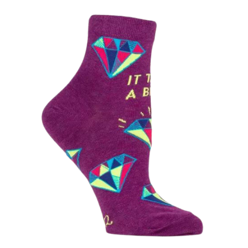 IT TAKES A BITCH ANKLE SOCKS. Purple back ground with diamonds.