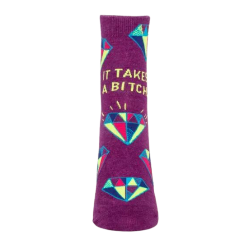 IT TAKES A BITCH ANKLE SOCKS. Purple back ground with diamonds.