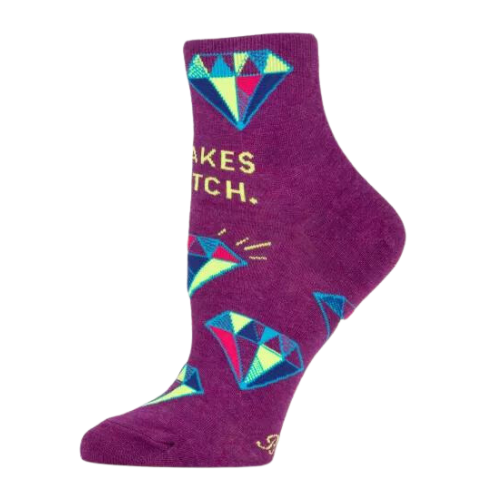 IT TAKES A BITCH ANKLE SOCKS. Purple back ground with diamonds.