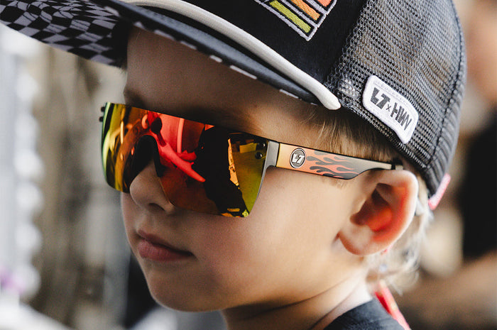 Kids Lazer sunglasses by Heat Wave Visual in the Little Trouble flames colorway, gallery view
