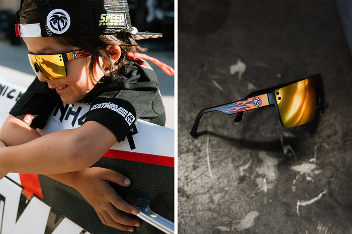 Kids Lazer Little Trouble flames sunglasses by Heat Wave Visual, view of the frame and lens