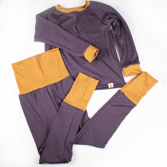 Iris and ochre color block merino wool base layer set by TK Clothing Inc, handmade adventure wear