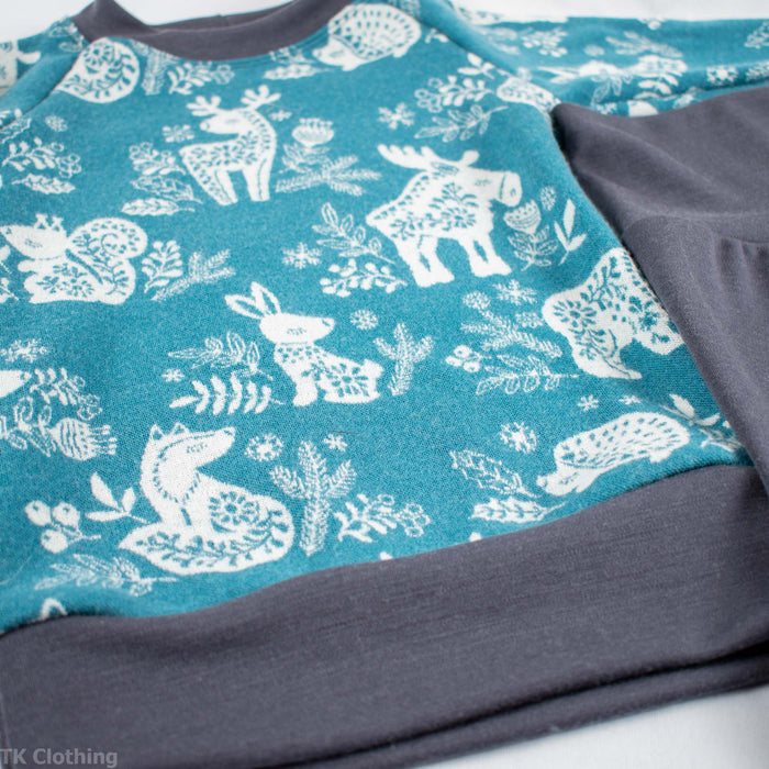 Handmade teal and grey kids sweatshirt with woodland animal print, TK Clothing Inc, adventure ready