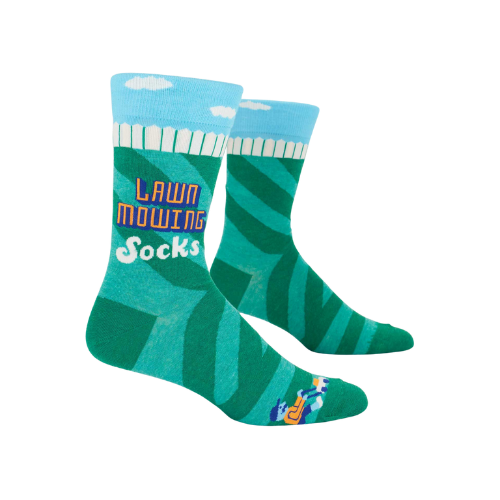 Lawn mowing men’s crew socks featuring a mower graphic and outdoor theme.