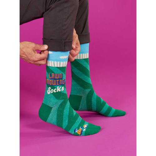 Men’s crew socks with a lawn mower design and playful lawn-care pattern.