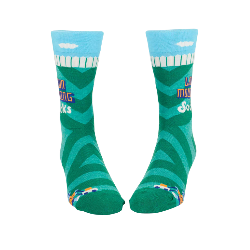 Men’s crew socks with a lawn mower design and playful lawn-care pattern.