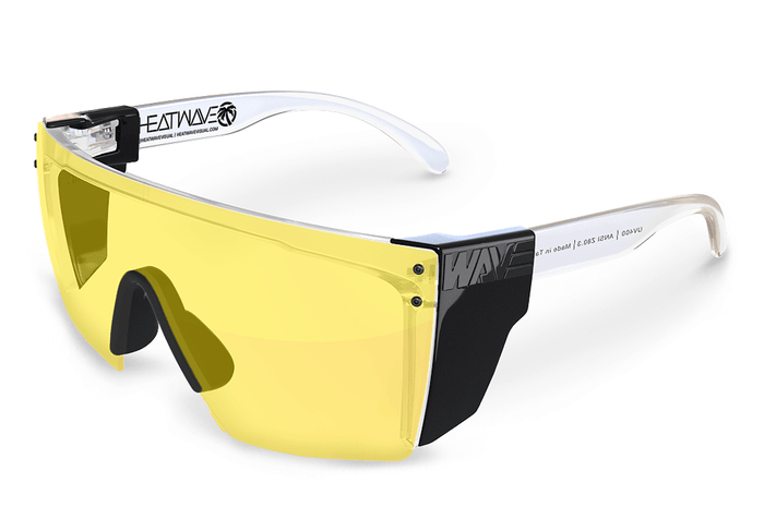 Side view of the Heat Wave Lazer Face hi-vis yellow Z87 glasses with black temples