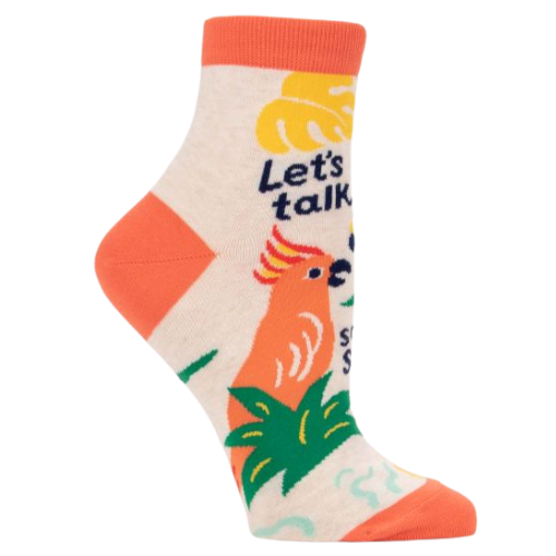Let's Talk Some Shit NEW Ankle Socks. Bright Parrots with palms with the words "Let's Talk Some Shit"