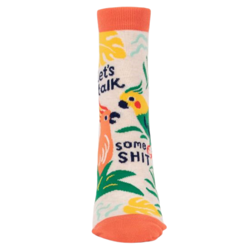 Let's Talk Some Shit NEW Ankle Socks. Bright Parrots with palms with the words "Let's Talk Some Shit"