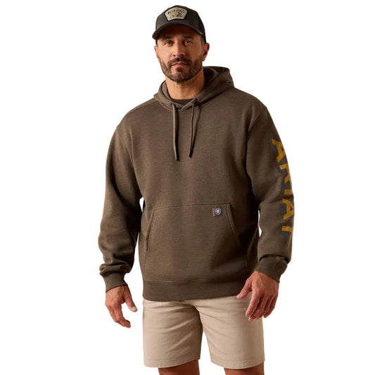 Ariat Work lightweight logo hoodie in major brown heather and wood thrush, front view