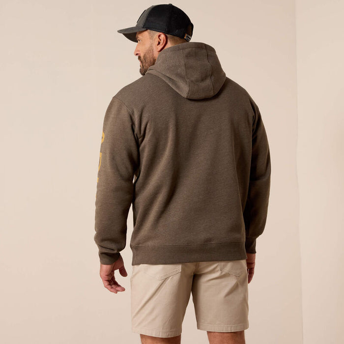 Back view of the Ariat Work lightweight logo hoodie in major brown heather and wood thrush