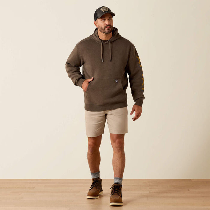 Full-length view of the Ariat Work lightweight logo hoodie in major brown heather and wood thrush