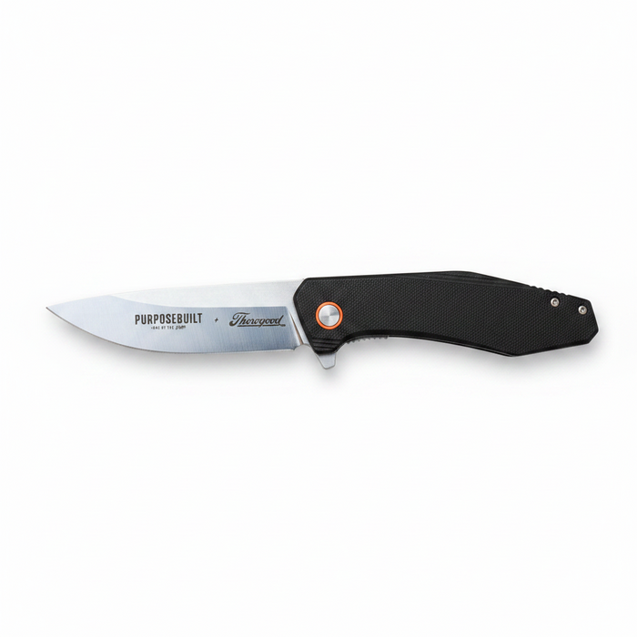 Crimson M6 folding pocket knife in black, Thorogood x Purpose-Built limited edition with satin blade