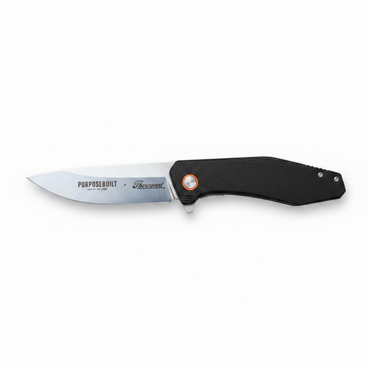 Crimson M6 folding pocket knife in black, Thorogood x Purpose-Built limited edition with satin blade