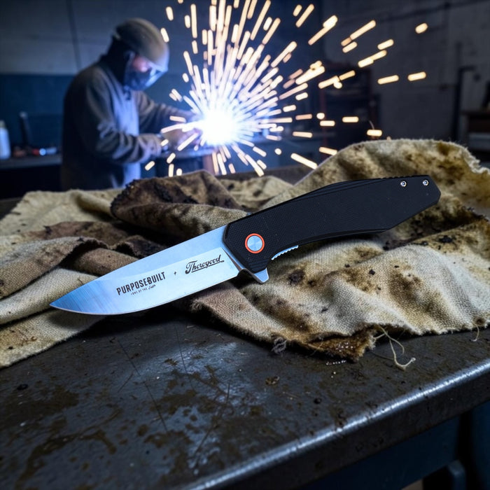 Crimson M6 limited edition folding knife in black, alternate view of the handle and blade