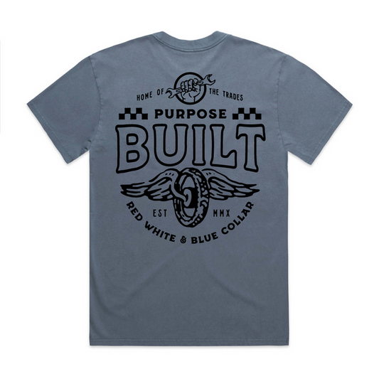 Purpose-Built Live Fast heavyweight short-sleeve graphic t-shirt in faded indigo, available in big and tall sizes