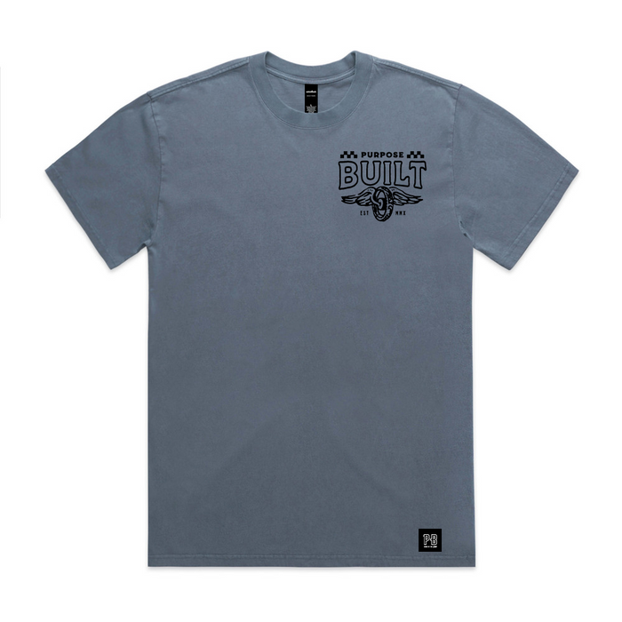 Purpose-Built Live Fast heavyweight t-shirt in faded indigo, alternate graphic view