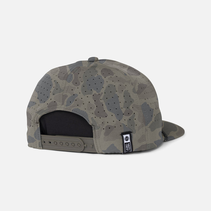Back view of the Salty Crew Long Range snapback hat in sand camo
