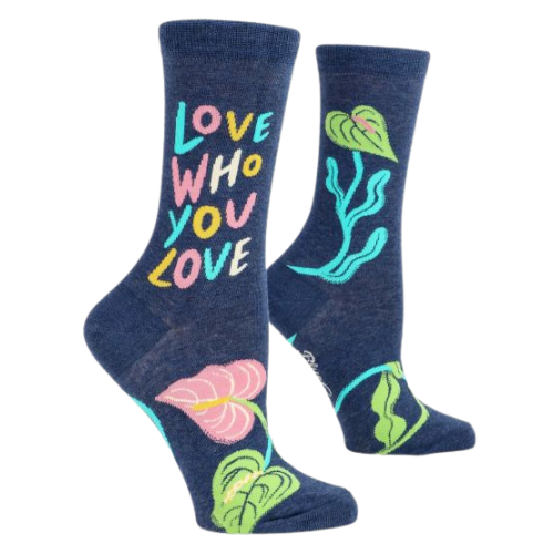 Love Who You Love Socks. Blue background and flower pattern. The Sock Bar
