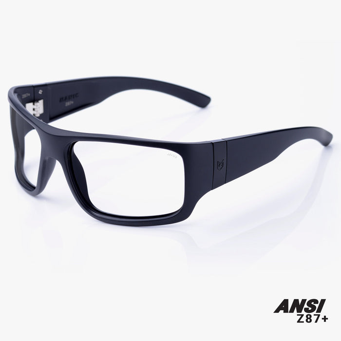 Madson Manic Z87+ safety glasses in black on black with clear lens, alternate product view