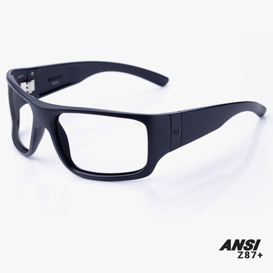 Madson Manic Z87+ safety glasses in black on black with clear lens, alternate product view