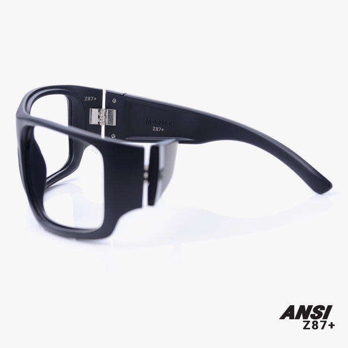 Madson Manic Z87+ safety glasses in black on black with clear lens, additional product view