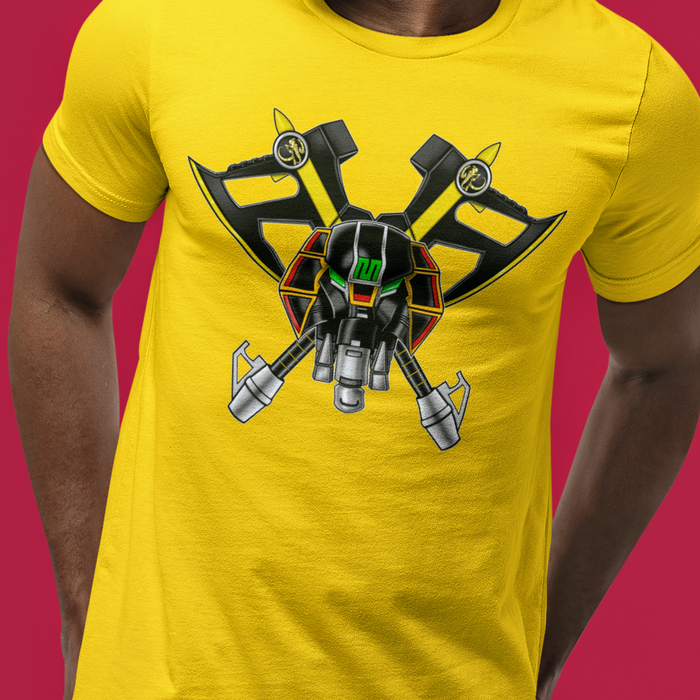 Super Sentai Inspired Zyuranger / power rangers black ranger T shirt featuring mammoth zord in front of 2 battle axes