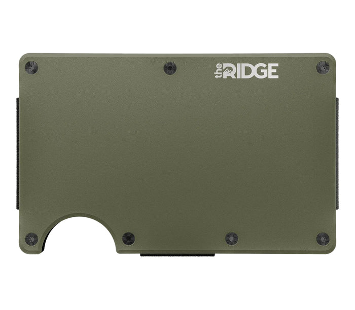 Ridge Matte Olive aluminum minimalist wallet, front view with cards fanned from the injector