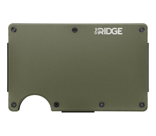 Ridge Matte Olive aluminum minimalist wallet, front view with cards fanned from the injector