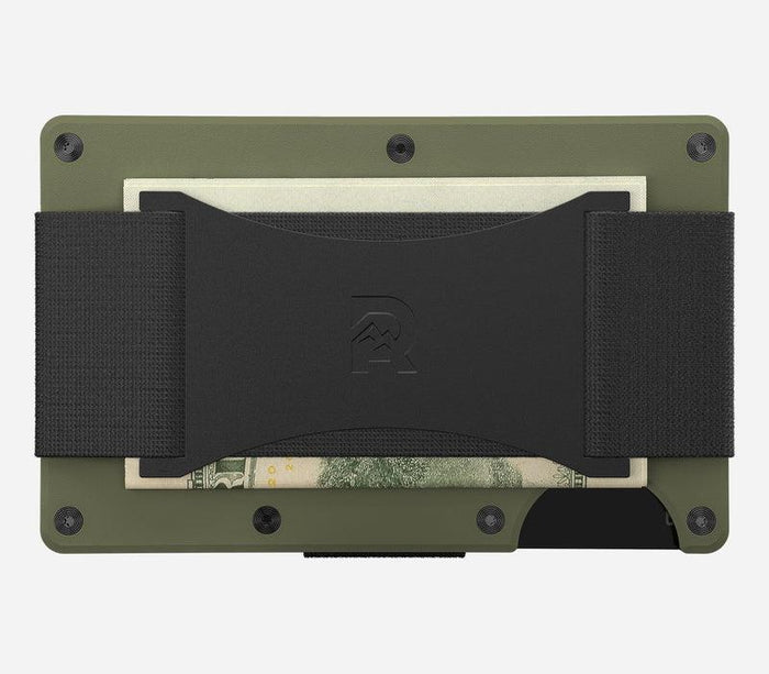 Back view of the Matte Olive Ridge aluminum wallet showing the elastic cash strap