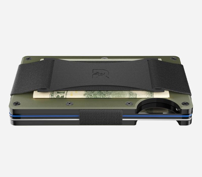 Angled view of the Matte Olive Ridge aluminum minimalist wallet with cash strap