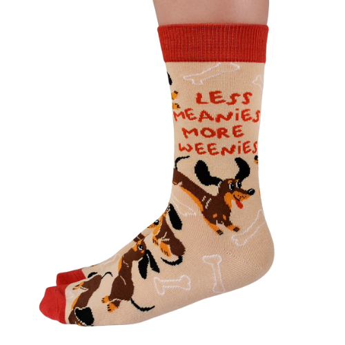 Meanie Weenie Socks by Uptown Sox featuring a playful, cheeky design with a hot dog and bold text, perfect for fun-loving and quirky sock enthusiasts.