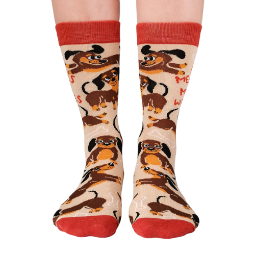 Meanie Weenie Socks by Uptown Sox featuring a playful, cheeky design with a hot dog and bold text, perfect for fun-loving and quirky sock enthusiasts.