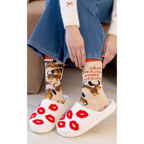 Meanie Weenie Socks by Uptown Sox featuring a playful, cheeky design with a hot dog and bold text, perfect for fun-loving and quirky sock enthusiasts.