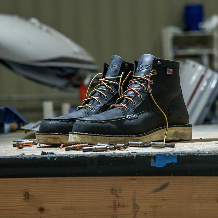 Danner Bull Run steel toe moc toe boot in black, additional lifestyle photo shown worn