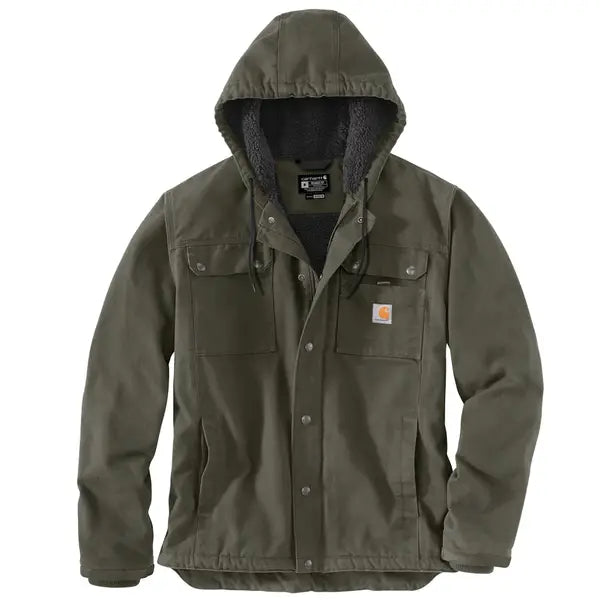 Carhartt sherpa lined washed duck hooded utility jacket in moss, big and tall sizes
