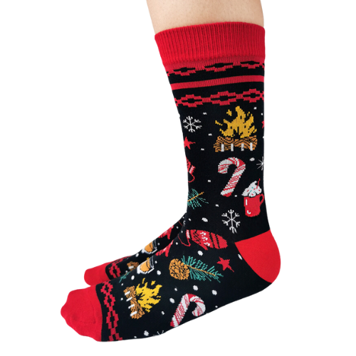 Merry and Bright Women Socks with all things Christmas all over the socks. Red accents with black back ground.