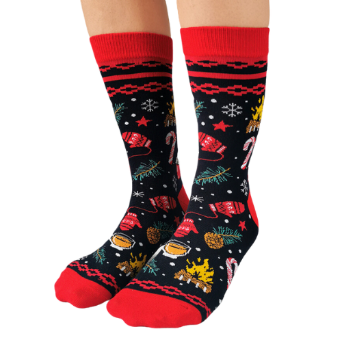 Merry and Bright Women Socks with all things Christmas all over the socks. Red accents with black back ground.