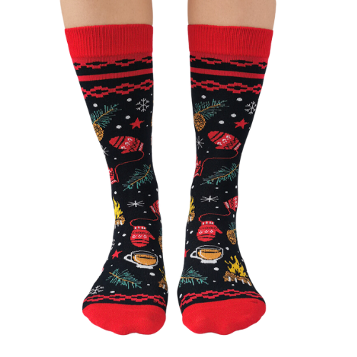 Merry and Bright Women Socks with all things Christmas all over the socks. Red accents with black back ground.