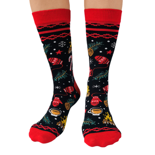 Merry and Bright Women Socks with all things Christmas all over the socks. Red accents with black back ground.