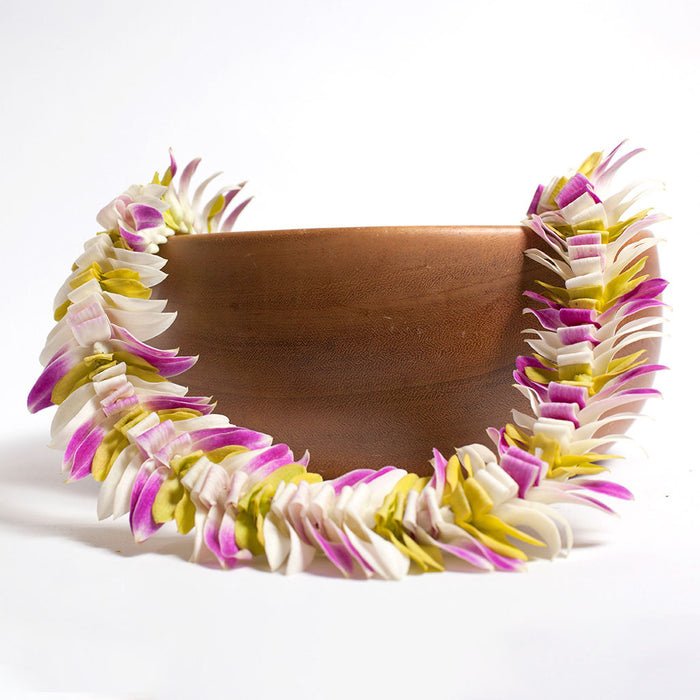 Butterfly-style lei made with mixed color orchid flowers