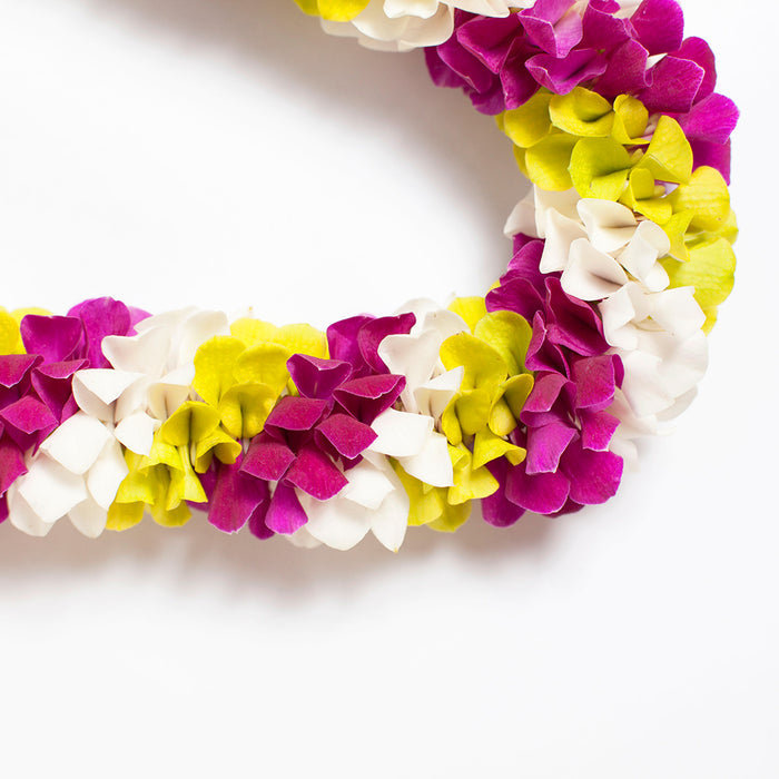 MIXED COLOR ORCHID SPIRAL LEI WITH FREE SHIPPING - WHITE + GREEN + PURPLE