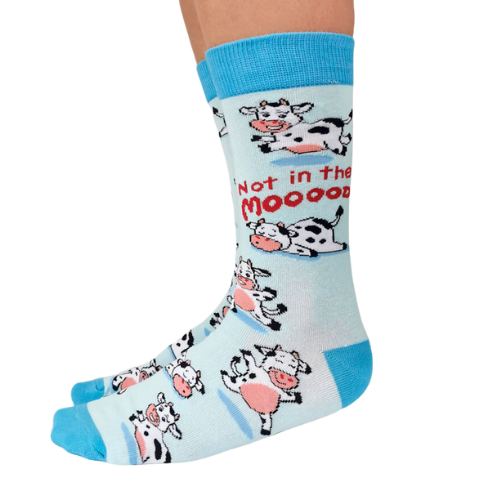 MOODY COW SOCKS. Not in the mood women's crew socks. Cows in funny positions all over the socks with light blue background.